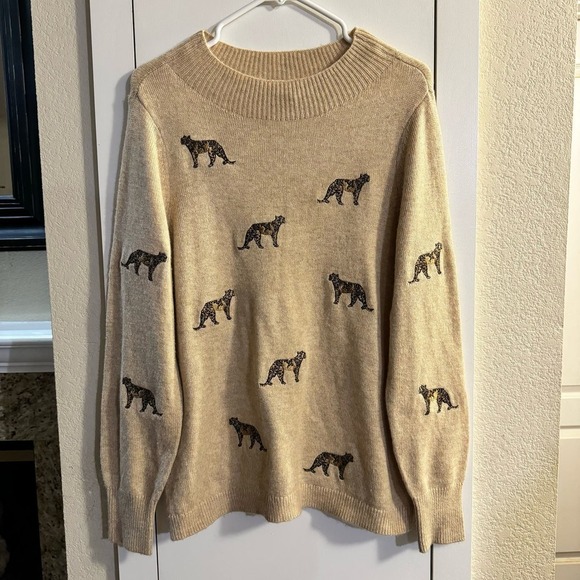Chico's Cashmere-Blend Embroidered Cheetah Sweater Size Medium - Picture 4 of 10